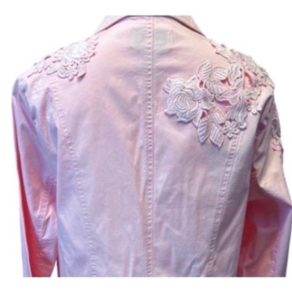 Peck & Peck Pink Denim Jacket Sz M Floral Lace Embroidered Stretch Cotton - Picture 5 of 12